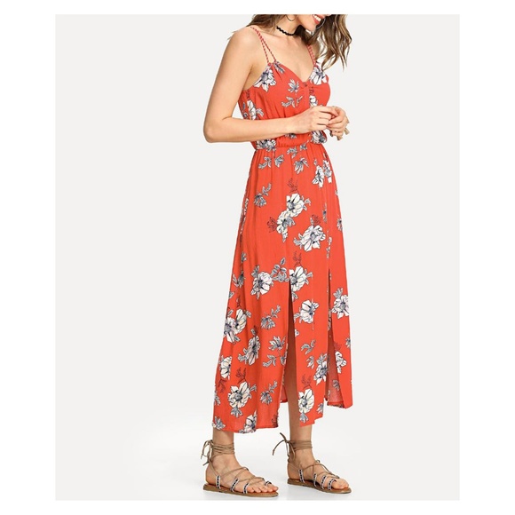 Red Floral Sleeveless M Slit Maxi Dress - Picture 4 of 4